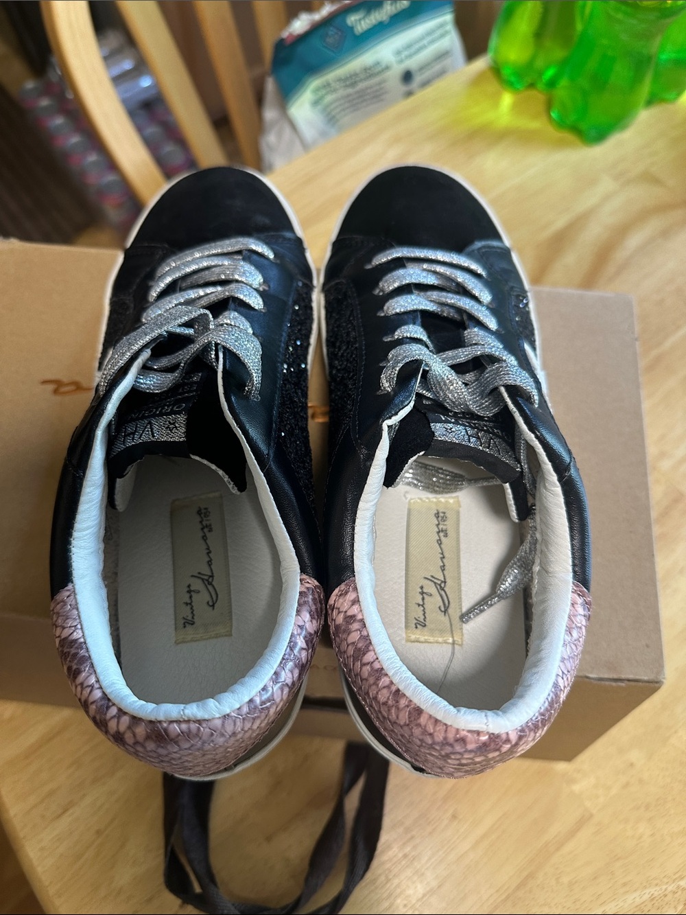 Vintage Havana Black Sneakers with Pink Snakeskin Heel and Silver Laces